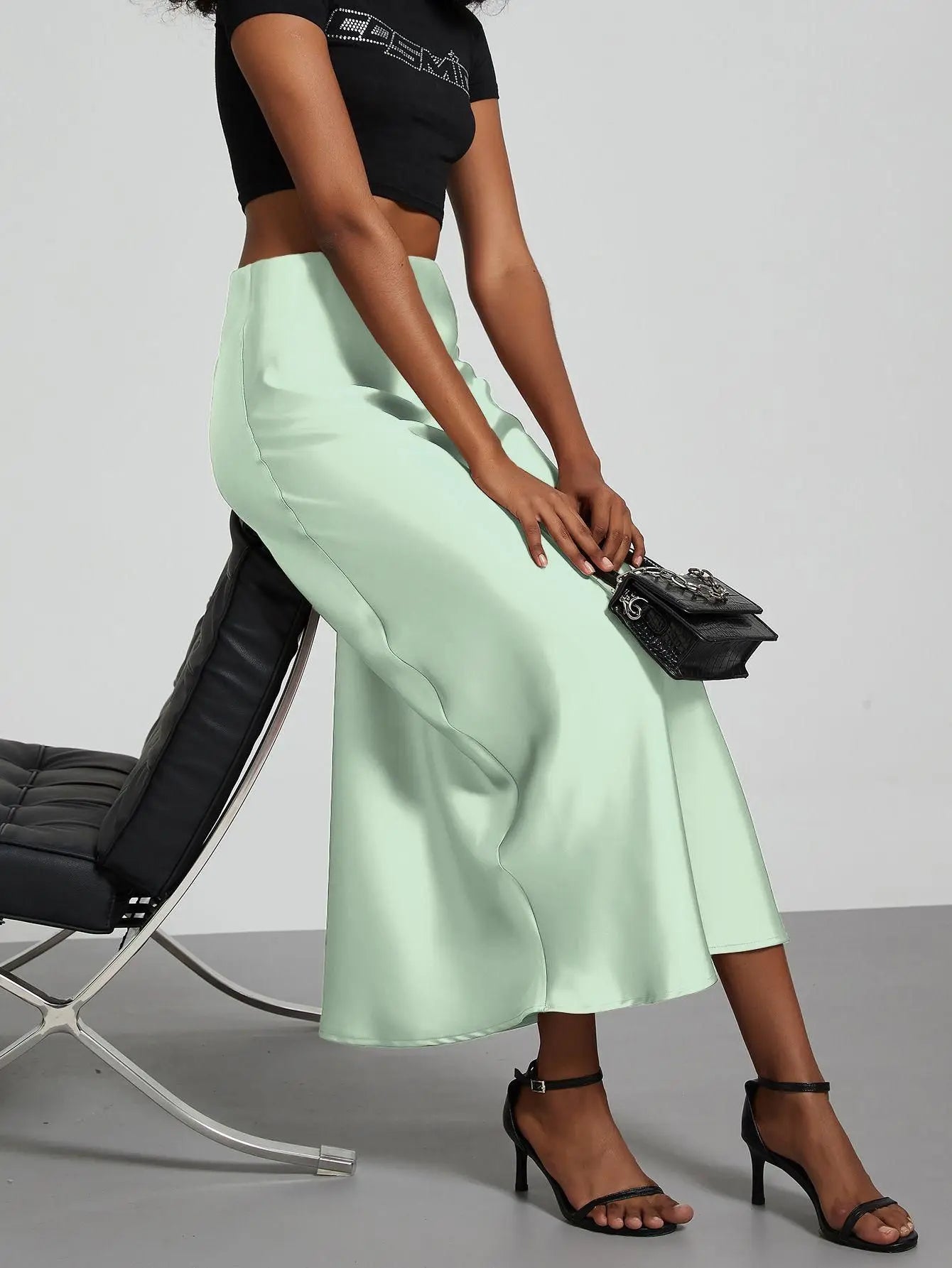 Satin Midi Skirt Women's High Waist Slik Skirts Female Clothing Black Fashion White Pink Blue Gray Burgundy Coffee Office Lady