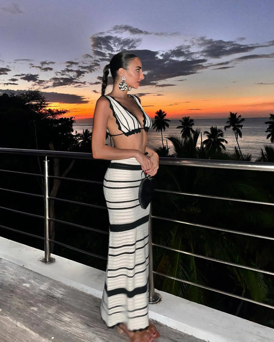 Elegant Black White Striped Knit Beach Sets Women's Halter Backless Crop Top Long Skirt  Suit Summer Beachwear Holiday Vacation