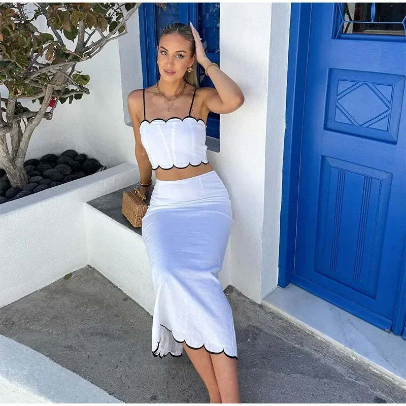 Elegant White Ruffle Beach Sets Women's Strap Backless Crop Top Long Skirt 2 Pieces Set Summer Beachwear Party Holiday Vacation