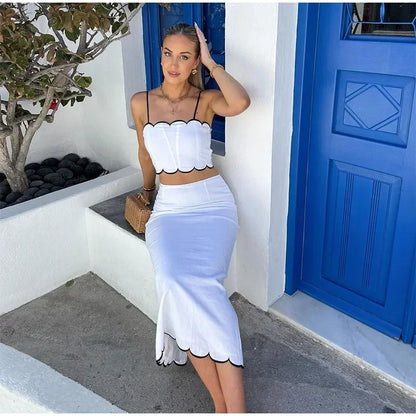 Elegant White Ruffle Beach Sets Women's Strap Backless Crop Top Long Skirt 2 Pieces Set Summer Beachwear Party Holiday Vacation