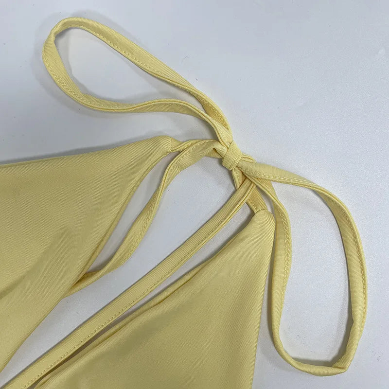 Sexy Blue Beach Sets Women's Halter V Neck Backless Crop Top Draped Long Skirt New Suit Summer Beachwear Holiday Vacation Yellow