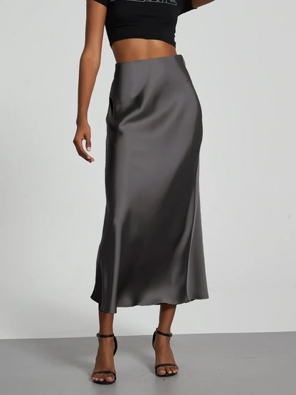 Satin Midi Skirt Women's High Waist Slik Skirts Female Clothing Black Fashion White Pink Blue Gray Burgundy Coffee Office Lady