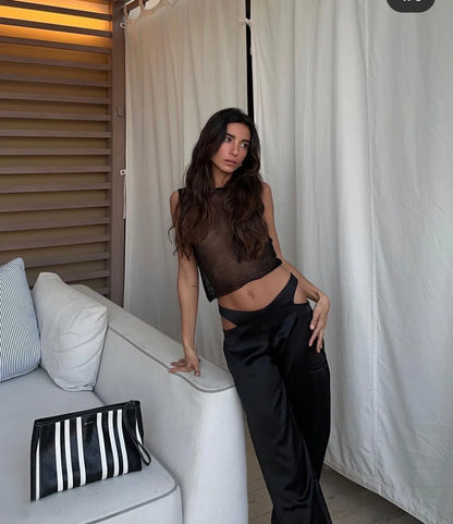 Women Sexy Mesh Sheer Glitter Sleeveless Tank Summer Shiny Cover Ups Y2K Cropped Tops See Through Mini Vest Streetwear Tops 2024
