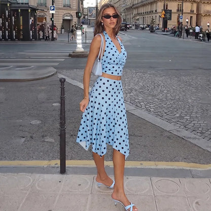 Blue Irregular Polka Dot Beach Sets Women's Halter Backless Crop Top Midi Skirt Matching Set Suit Summer Wear Holiday Vacation