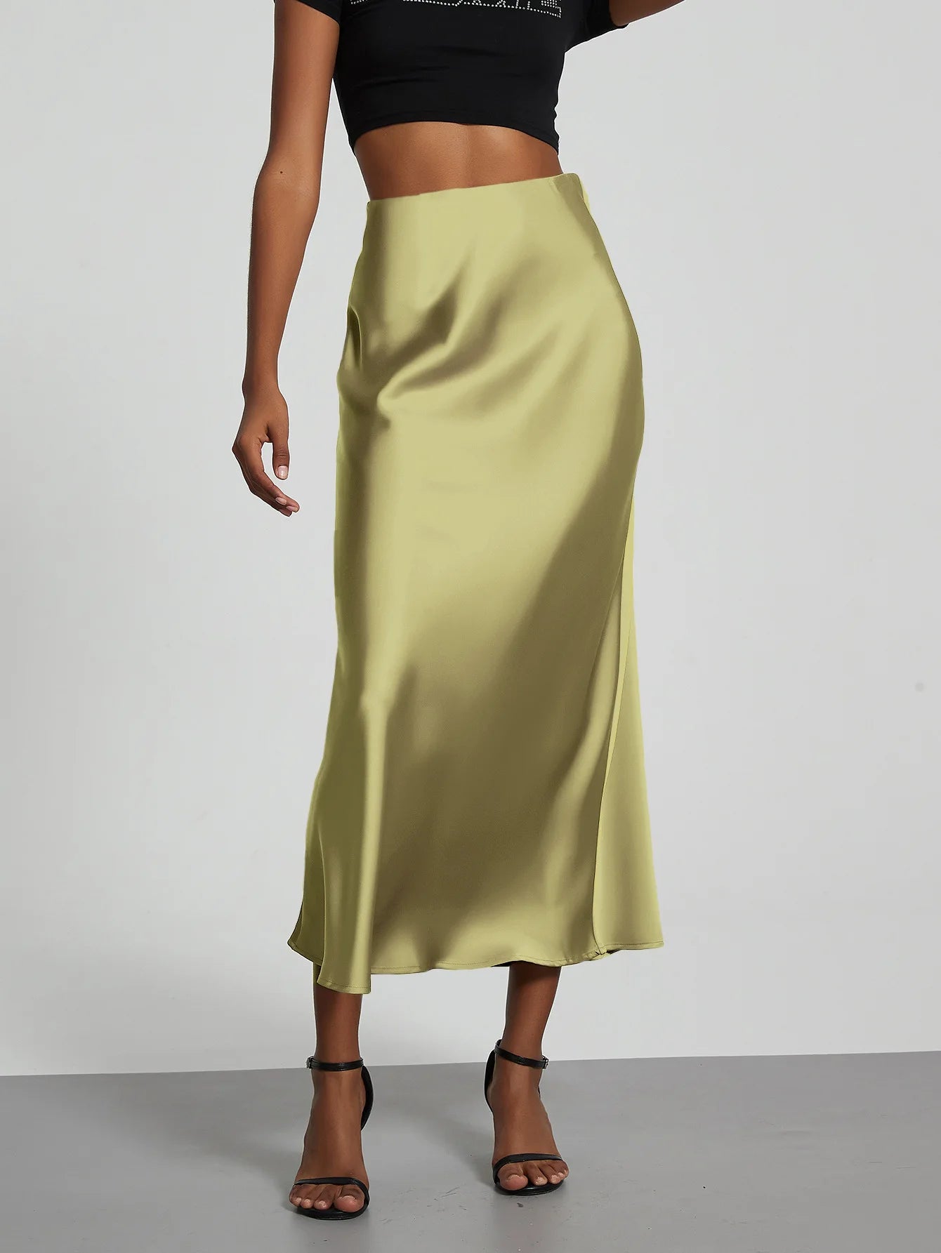 Satin Midi Skirt Women's High Waist Slik Skirts Female Clothing Black Fashion White Pink Blue Gray Burgundy Coffee Office Lady