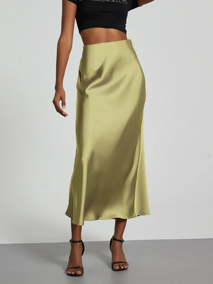 Satin Midi Skirt Women's High Waist Slik Skirts Female Clothing Black Fashion White Pink Blue Gray Burgundy Coffee Office Lady