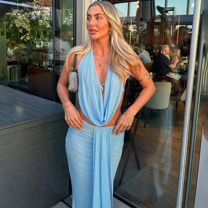 Sexy Blue Beach Sets Women's Halter V Neck Backless Crop Top Draped Long Skirt New Suit Summer Beachwear Holiday Vacation Yellow