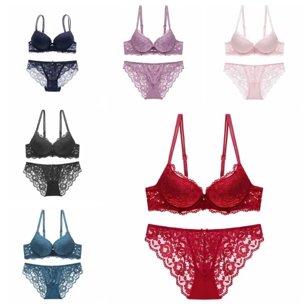 Comfortable Mesh Lace Flower Bra Low Waist Bowknot Bra Panties Set Non Slip Intimates Push Up Bra Women Summer