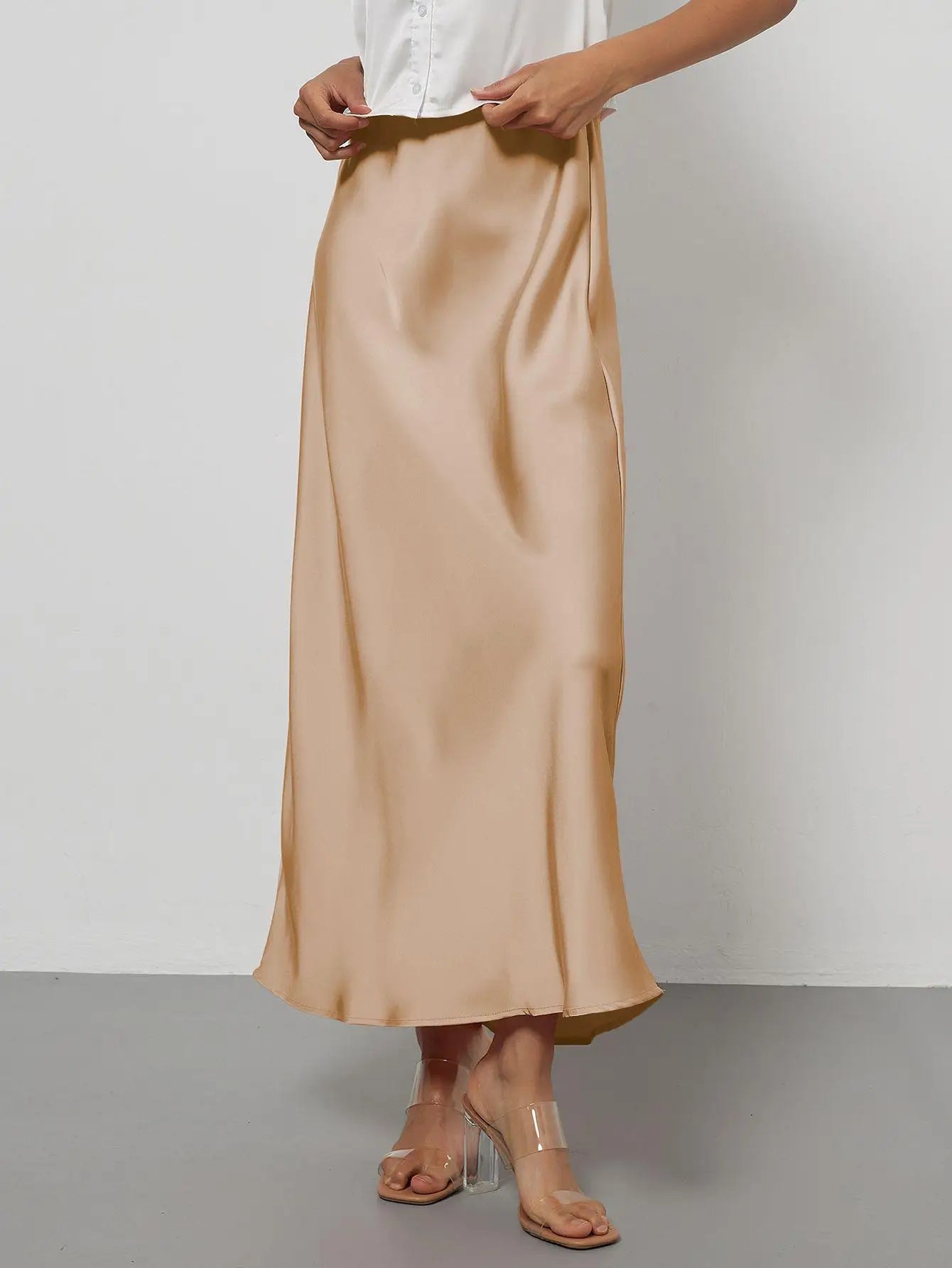 Satin Midi Skirt Women's High Waist Slik Skirts Female Clothing Black Fashion White Pink Blue Gray Burgundy Coffee Office Lady