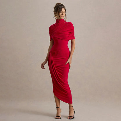 Elegant Women's Tight Curvy Midi Dress Sexy Backless Draped Bodycon Dresses Evening Party Wedding Guest Summer New Yellow White