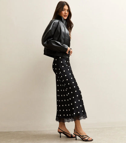 Satin Polka Dot Lace Patchwork Midi Skirt Women's High Waist Slik Skirts Female Clothing Black Fashion White Office Lady Summer