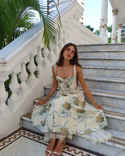 Sexy Lace Floral Midi Dress Elegant Women's Sundress Female Clothing Sun Print Dresses Summer Holiday Vacation 2026 Yellow Pink