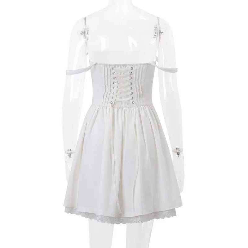 Sexy Lace Floral Corset Short Dress Elegant Women's White Yellow Sundress Female Mini Casual Sun Dresses Summer White Red Blue