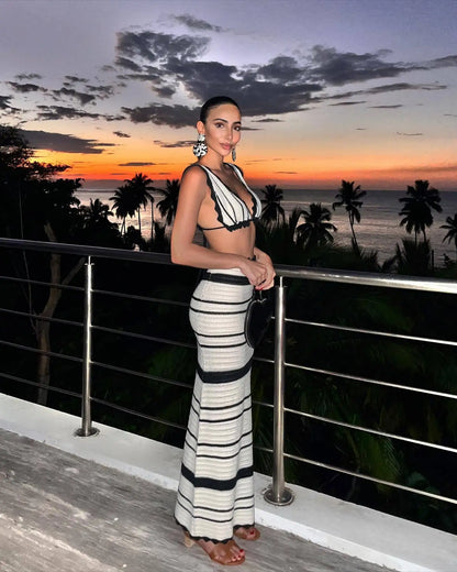 Elegant Black White Striped Knit Beach Sets Women's Halter Backless Crop Top Long Skirt  Suit Summer Beachwear Holiday Vacation