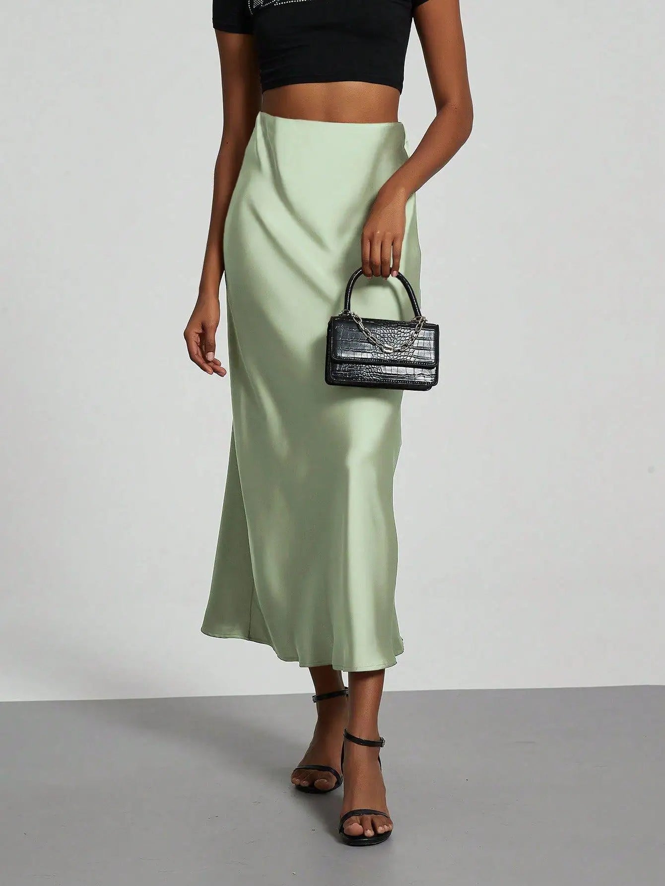 Satin Midi Skirt Women's High Waist Slik Skirts Female Clothing Black Fashion White Pink Blue Gray Burgundy Coffee Office Lady