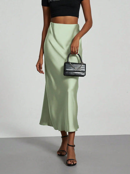 Satin Midi Skirt Women's High Waist Slik Skirts Female Clothing Black Fashion White Pink Blue Gray Burgundy Coffee Office Lady