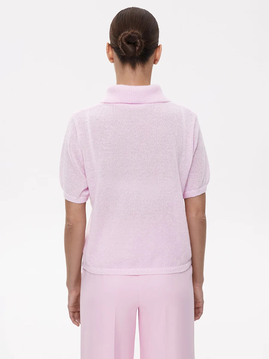 Summer Women's Polo Collar Knitted Short Sleeves Sweater Transparent T-shirt Female Simple 2025 Pink Yellow Gray Blue Red White
