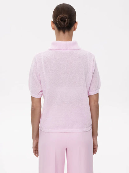 Summer Women's Polo Collar Knitted Short Sleeves Sweater Transparent T-shirt Female Simple 2025 Pink Yellow Gray Blue Red White
