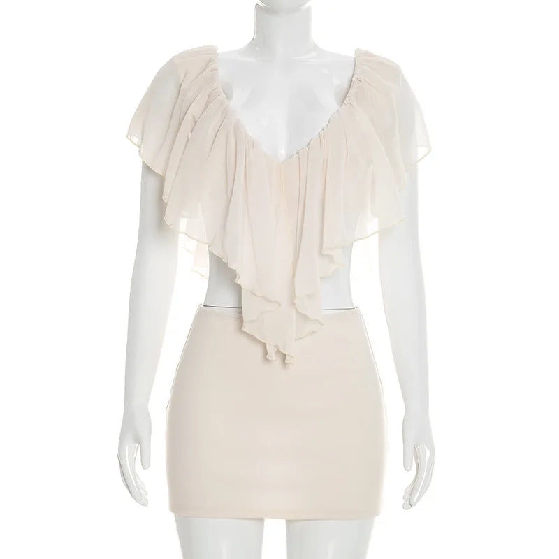 Sexy Ruffled Two Piece Set Women V Neck Tank Top Mini Skirt Matching Sets Female Clothing Club Party Dress Outfits Summer 2026
