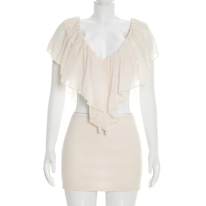 Sexy Ruffled Two Piece Set Women V Neck Tank Top Mini Skirt Matching Sets Female Clothing Club Party Dress Outfits Summer 2026