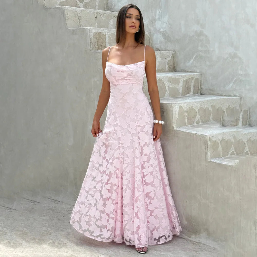 Jacquard Chiffon Long Dress Women's Backless Bandage Dresses Summer Evening Wedding Guest Green White Burgundy Pink Graduation