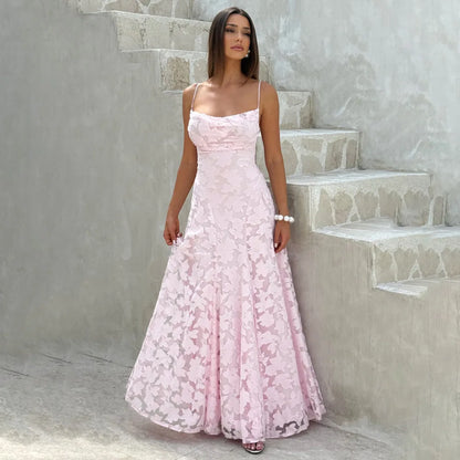 Jacquard Chiffon Long Dress Women's Backless Bandage Dresses Summer Evening Wedding Guest Green White Burgundy Pink Graduation