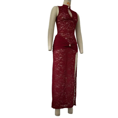 Elegant Black Lace Hollow Out Long Dress Women's Ruched High Slit Dresses Evening Party Club Wear Cocktail Summer Burgundy White