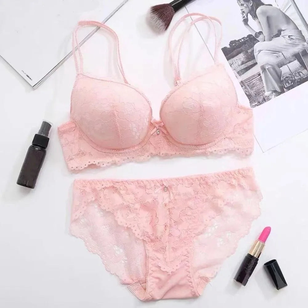 Comfortable Mesh Lace Flower Bra Low Waist Bowknot Bra Panties Set Non Slip Intimates Push Up Bra Women Summer