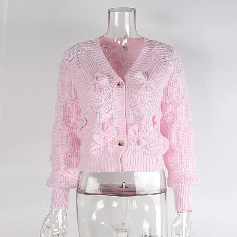 Women's Knitted Bow Cardigan Elegant Long Sleeve Tops Sweater Knitwears Top Female Clothing Fall Autumn Pink White Blue Purple