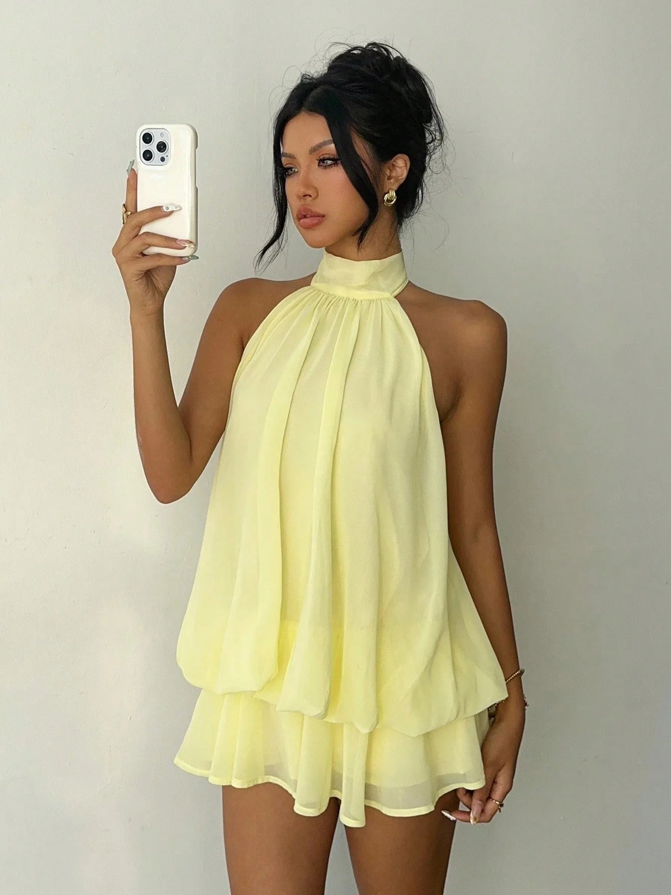 Sexy Yellow Chiffon Backless Mini Dress Women's Halter Casual Short Dresses Summer Khaki Brown Blue Pink Polka Dot Floral New