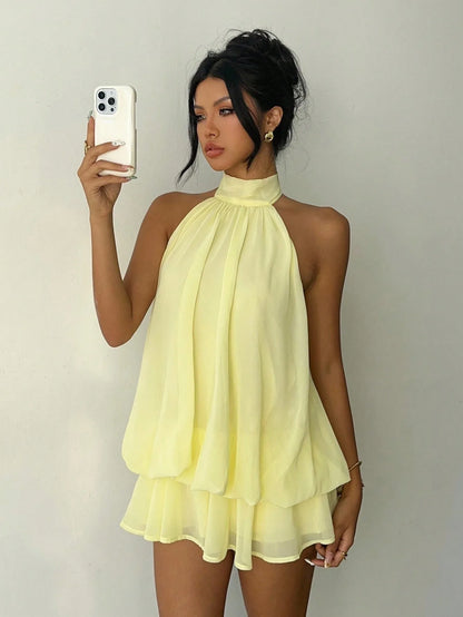 Sexy Yellow Chiffon Backless Mini Dress Women's Halter Casual Short Dresses Summer Khaki Brown Blue Pink Polka Dot Floral New