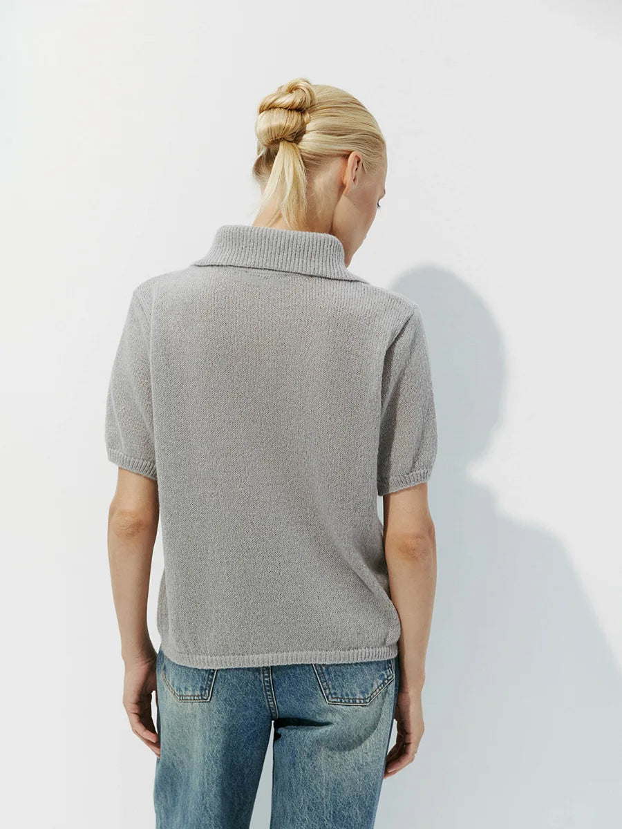 Summer Women's Polo Collar Knitted Short Sleeves Sweater Transparent T-shirt Female Simple 2025 Pink Yellow Gray Blue Red White