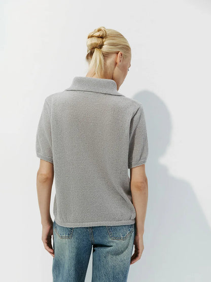 Summer Women's Polo Collar Knitted Short Sleeves Sweater Transparent T-shirt Female Simple 2025 Pink Yellow Gray Blue Red White