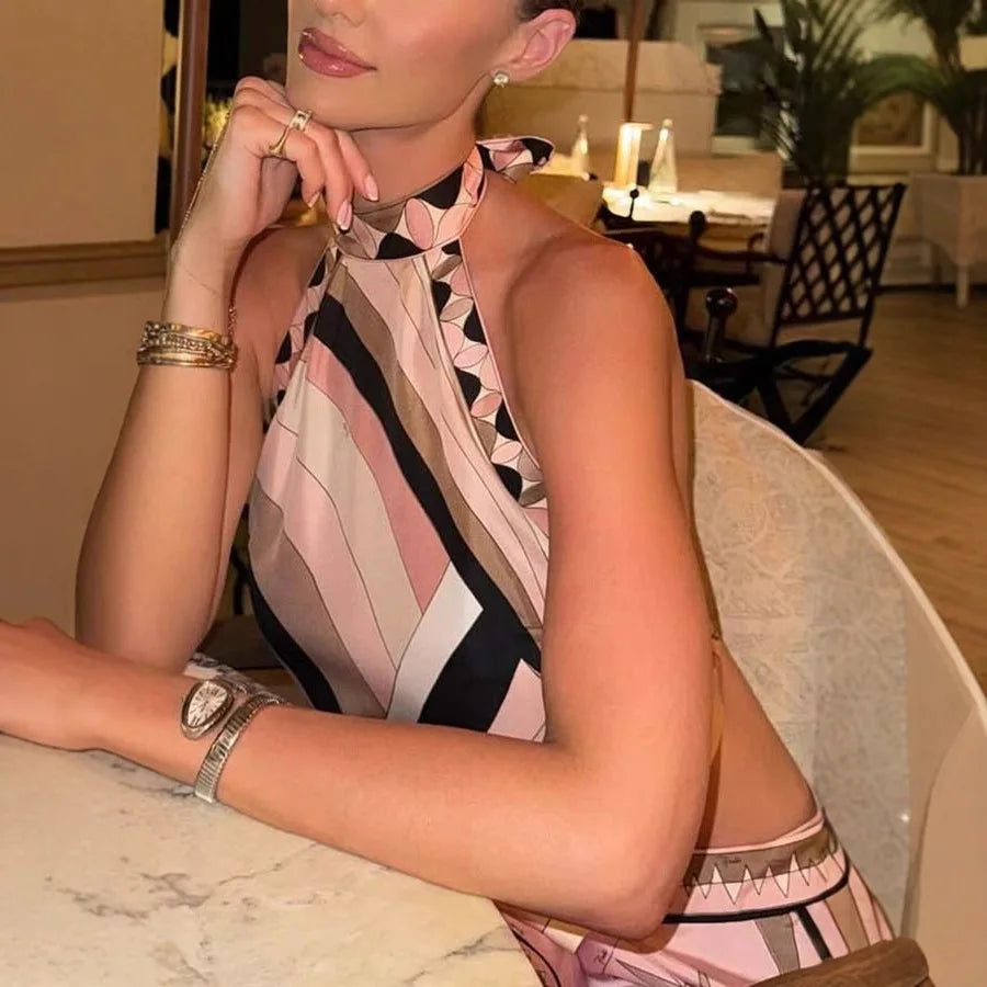 Pink Irregular Print Beach Sets Women's Halter Backless Top Short Skirt Matching Set Mini Dress Suits Summer Holiday Vacation