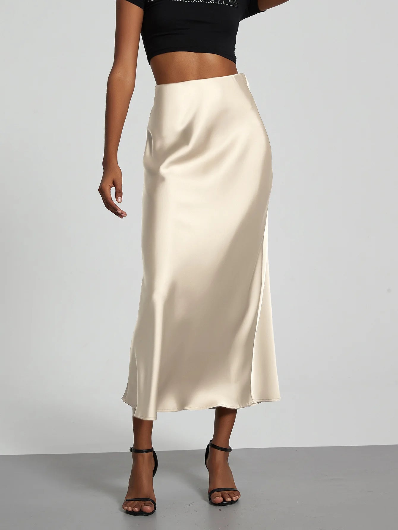 Satin Midi Skirt Women's High Waist Slik Skirts Female Clothing Black Fashion White Pink Blue Gray Burgundy Coffee Office Lady