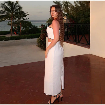 Elegant White Ruffle Beach Sets Women's Strap Backless Crop Top Long Skirt 2 Pieces Set Summer Beachwear Party Holiday Vacation