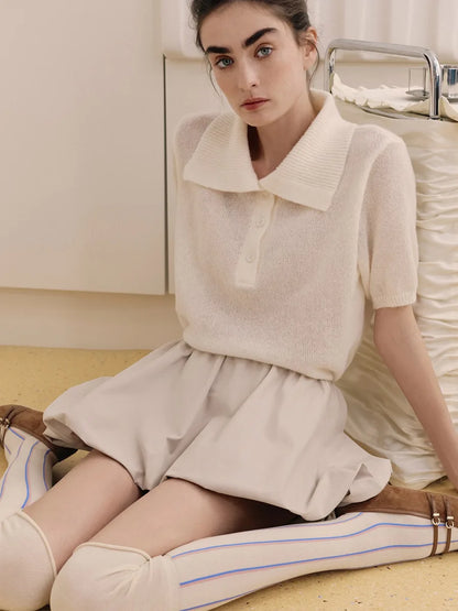 Summer Women's Polo Collar Knitted Short Sleeves Sweater Transparent T-shirt Female Simple 2025 Pink Yellow Gray Blue Red White