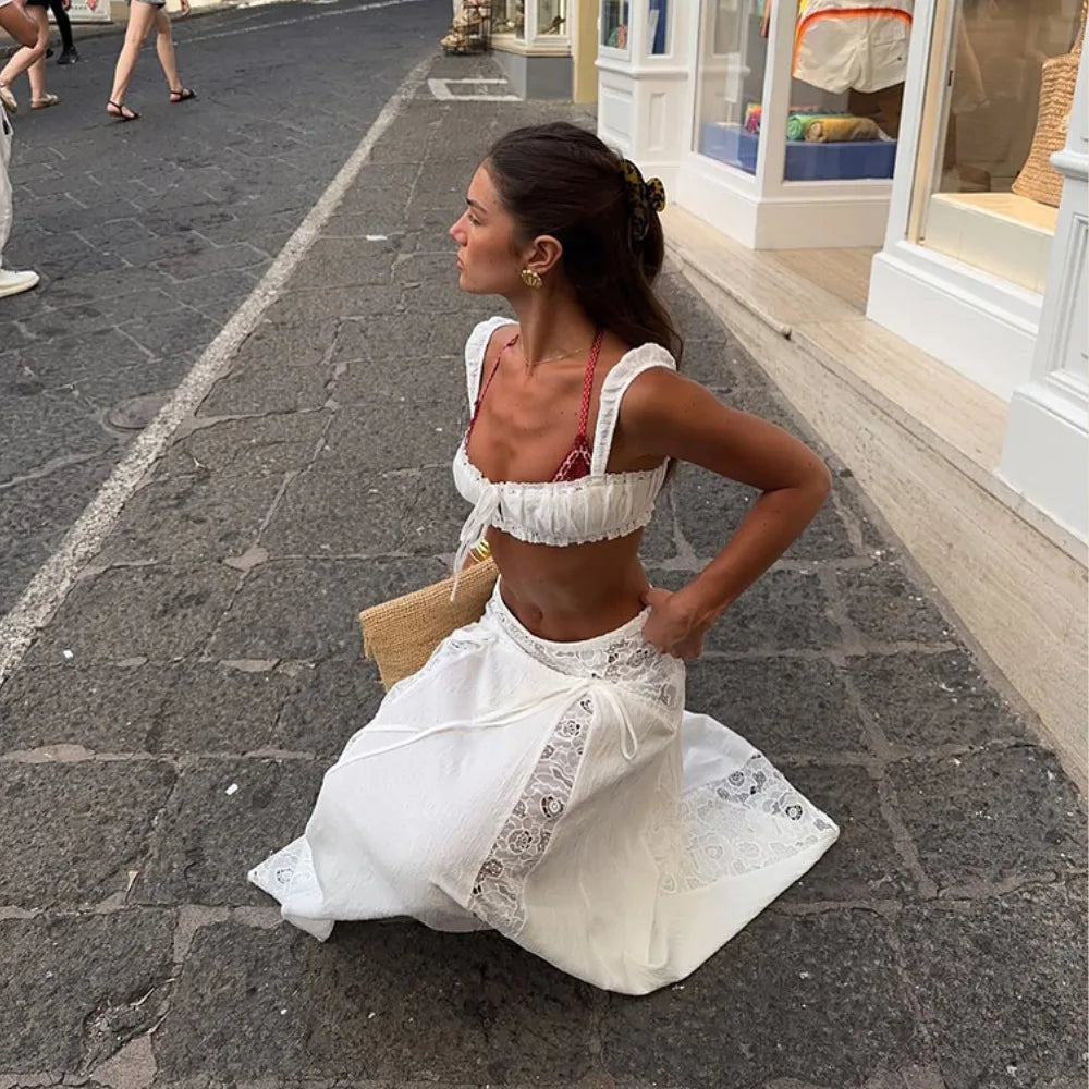 White Lace Beach 2 Pieces Sets Cover Up Women's Backless Crop Top Long Skirt Matching Set Suit Summer Holiday Vacation Outfit