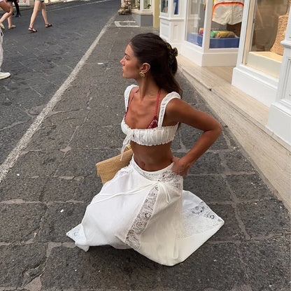 White Lace Beach 2 Pieces Sets Cover Up Women's Backless Crop Top Long Skirt Matching Set Suit Summer Holiday Vacation Outfit