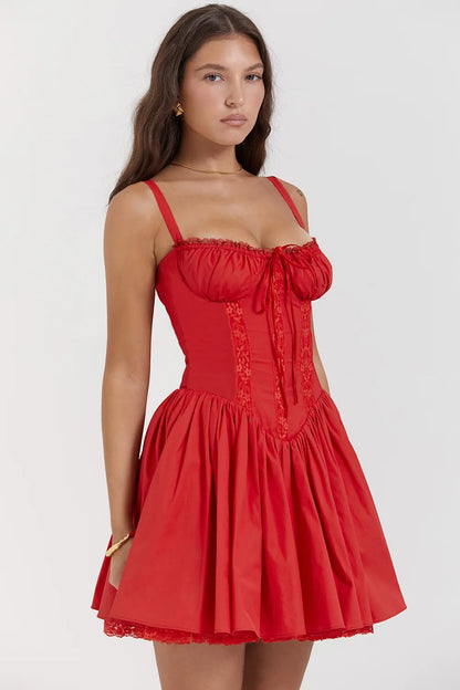 Sexy Lace Floral Corset Short Dress Elegant Women's White Yellow Sundress Female Mini Casual Sun Dresses Summer White Red Blue