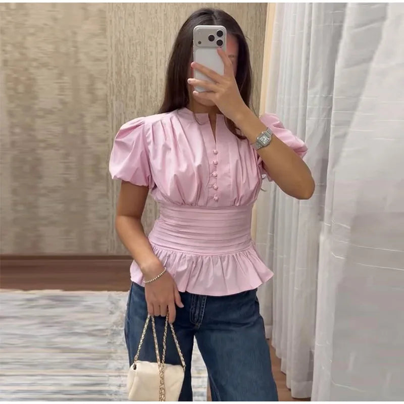 Elegant Ruffles Shirts Casual Women's Button Blouses Female Clothes Shirt Classic Tops Blouse White Pink Blue Summer 2026 Autumn