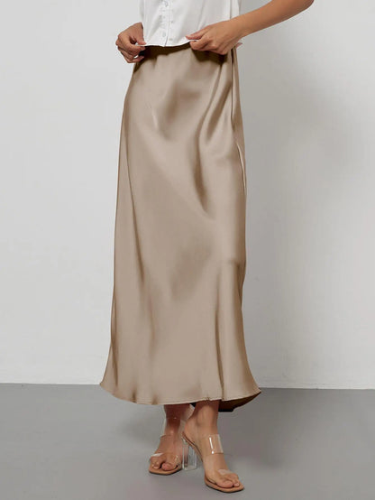 Satin Midi Skirt Women's High Waist Slik Skirts Female Clothing Black Fashion White Pink Blue Gray Burgundy Coffee Office Lady