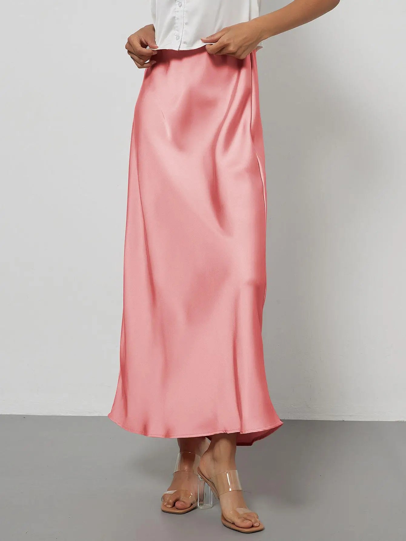 Satin Midi Skirt Women's High Waist Slik Skirts Female Clothing Black Fashion White Pink Blue Gray Burgundy Coffee Office Lady