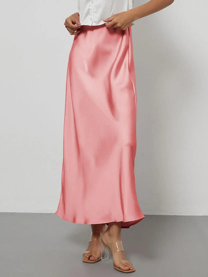 Satin Midi Skirt Women's High Waist Slik Skirts Female Clothing Black Fashion White Pink Blue Gray Burgundy Coffee Office Lady