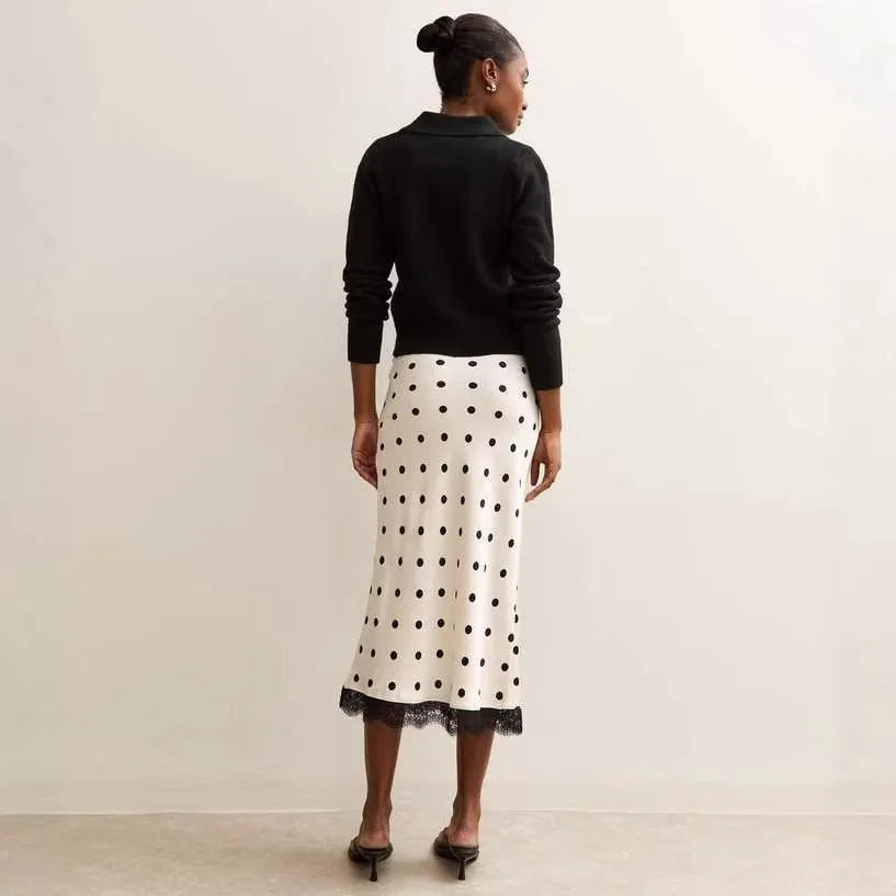 Satin Polka Dot Lace Patchwork Midi Skirt Women's High Waist Slik Skirts Female Clothing Black Fashion White Office Lady Summer