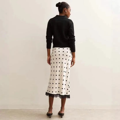 Satin Polka Dot Lace Patchwork Midi Skirt Women's High Waist Slik Skirts Female Clothing Black Fashion White Office Lady Summer