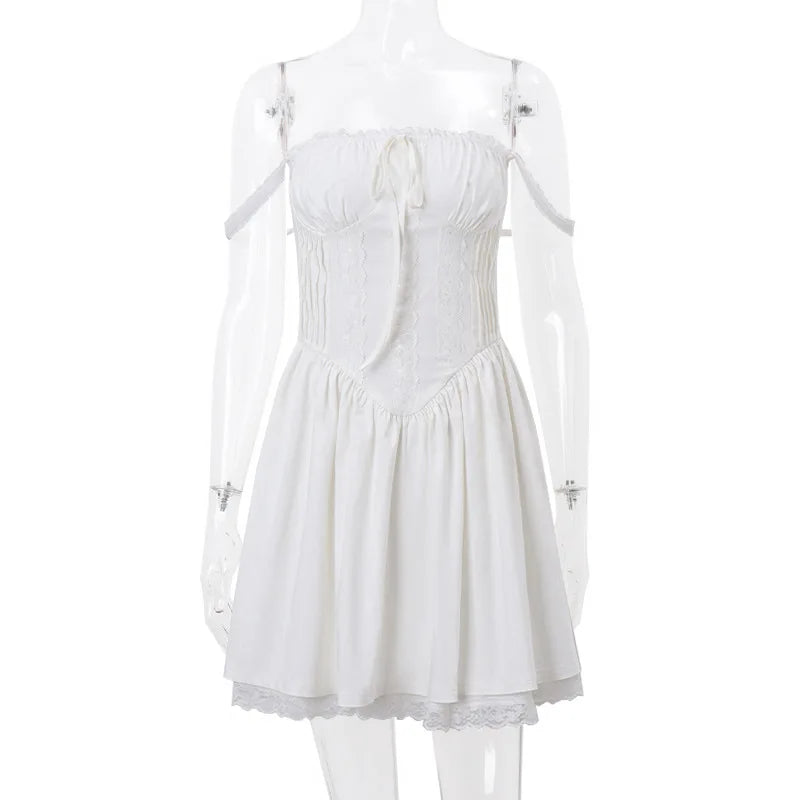 Sexy Lace Floral Corset Short Dress Elegant Women's White Yellow Sundress Female Mini Casual Sun Dresses Summer White Red Blue