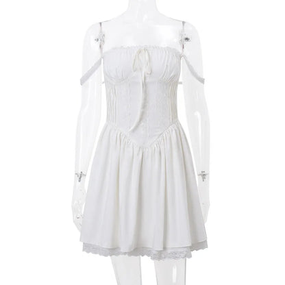 Sexy Lace Floral Corset Short Dress Elegant Women's White Yellow Sundress Female Mini Casual Sun Dresses Summer White Red Blue