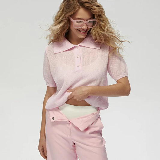 Summer Women's Polo Collar Knitted Short Sleeves Sweater Transparent T-shirt Female Simple 2025 Pink Yellow Gray Blue Red White