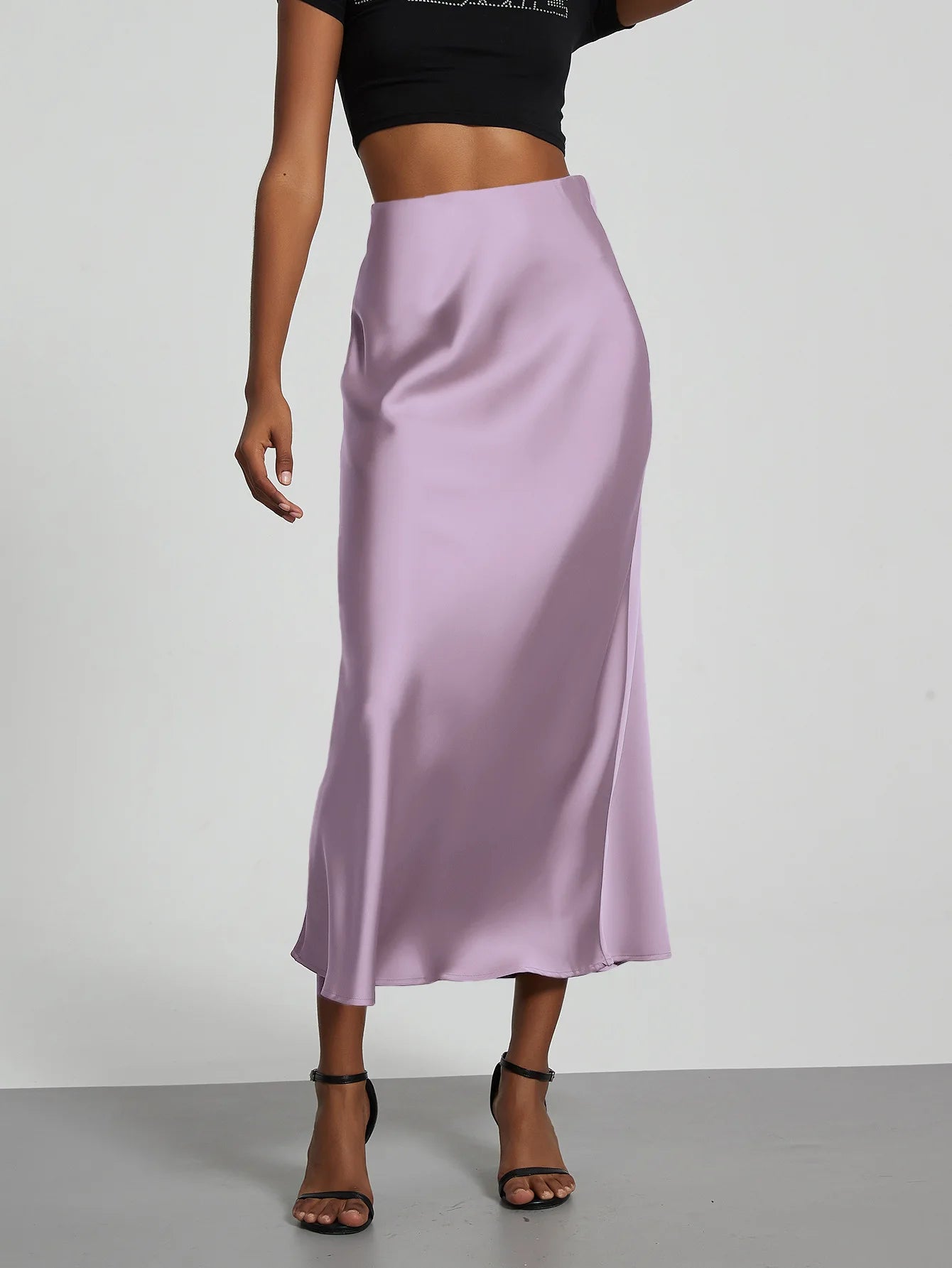 Satin Midi Skirt Women's High Waist Slik Skirts Female Clothing Black Fashion White Pink Blue Gray Burgundy Coffee Office Lady
